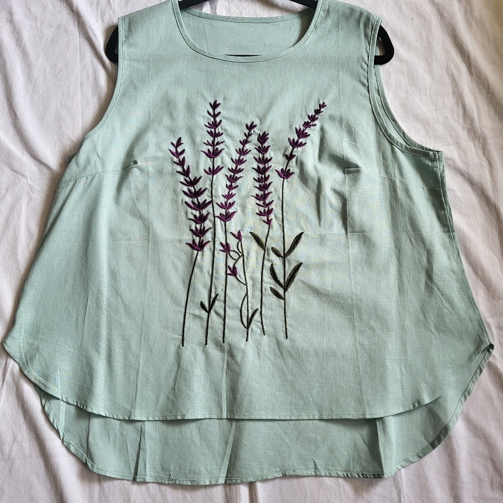 Linen Blend Tank Top With Embroidery Size XL